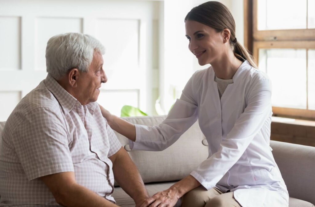 A mature man seeking support from a professional.