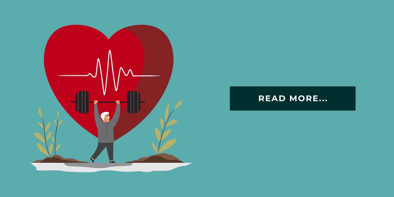 An illustrated blog header with the words "Read more," featuring a senior lifting a barbell in front of a cartoon heart.