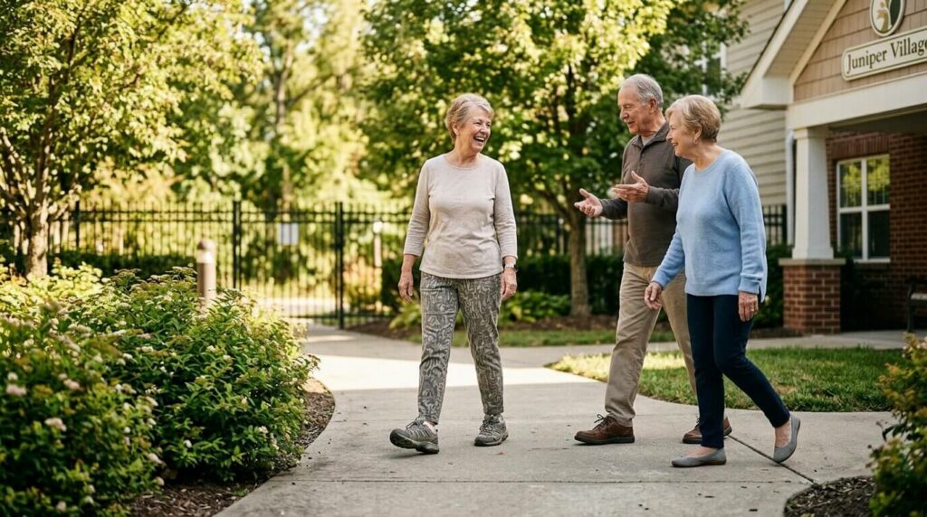 seniors walking in a senior living community
