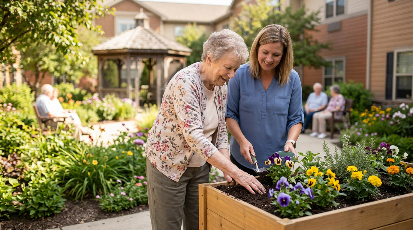 A senior gardening with help from a team member in memory care.