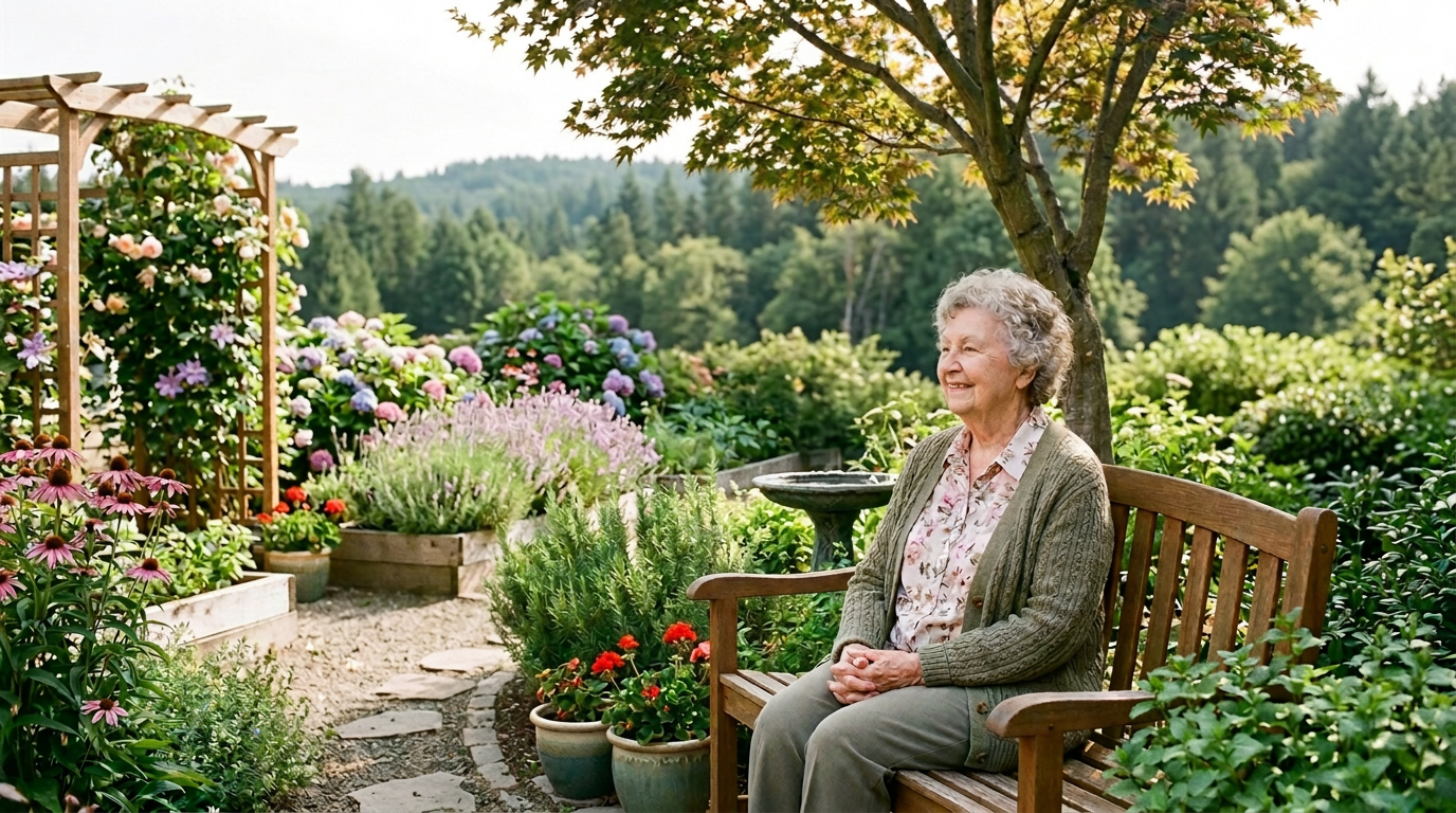 A happy older adult smiles while sitting outdoors, enjoying therapeutic nature.