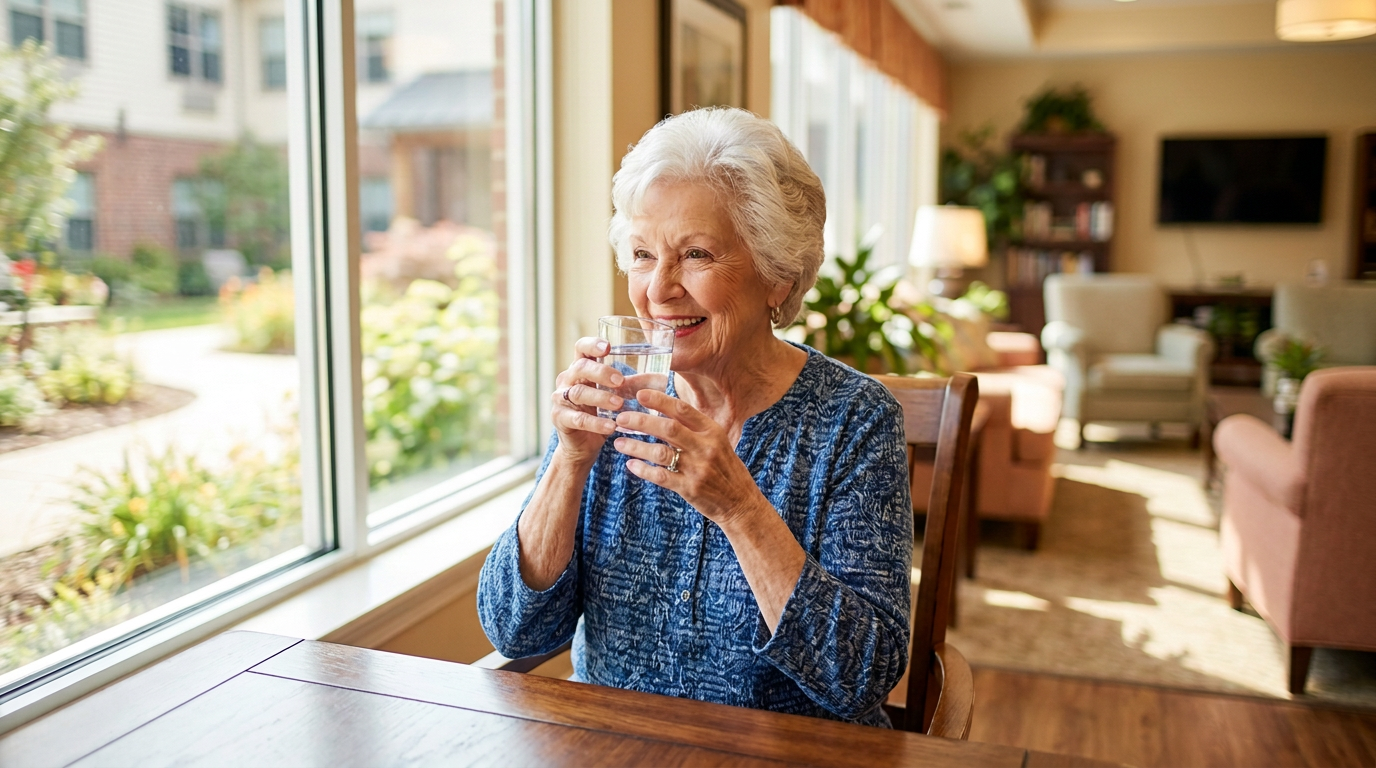 A smile from an older adult as they enjoy a cool glass of water.
