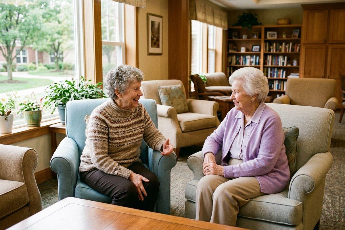Two seniors sitting together facing eachother, in a warmly lit room of a personal care community.