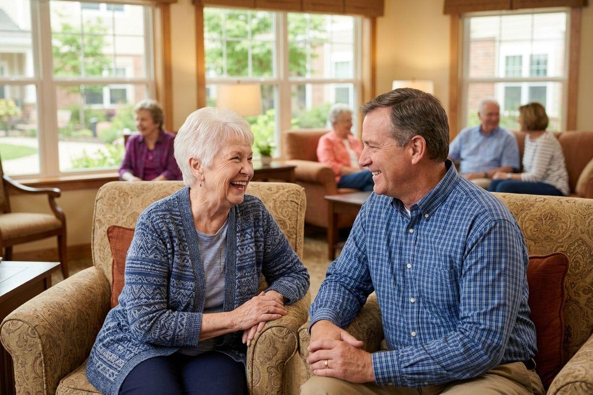 A senior and an older adult sitting together on couches, laughing together in a personal care community.