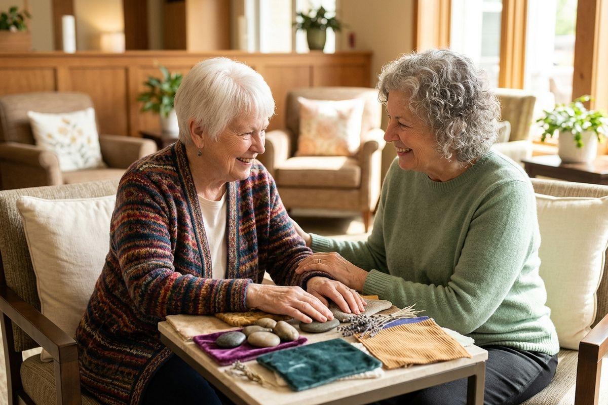 Two seniors laughing and smiling together while doing a sensory activity together