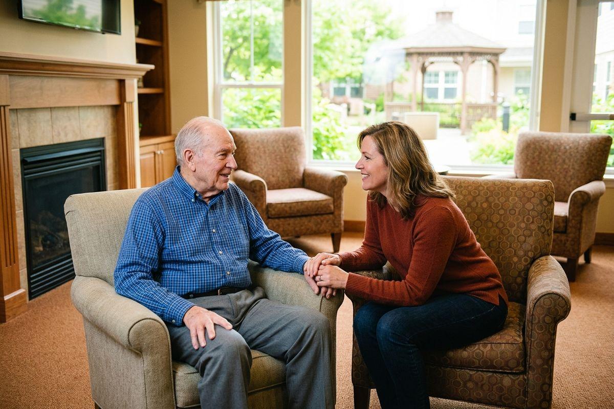 A senior and an older adult holding hands while facing each other in a memory care community.