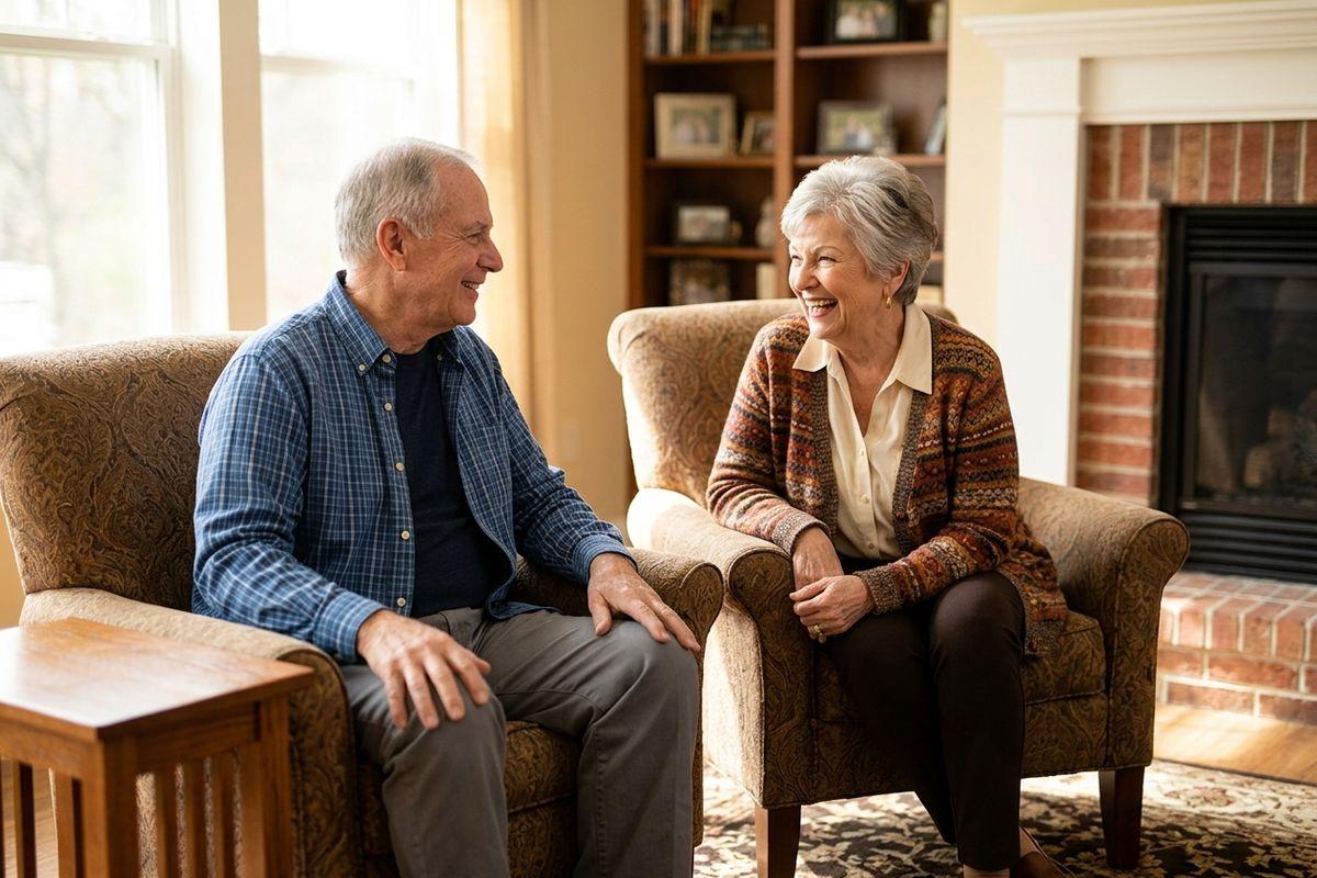 Two older adults sit together and smile in a living room of a senior living community. 
