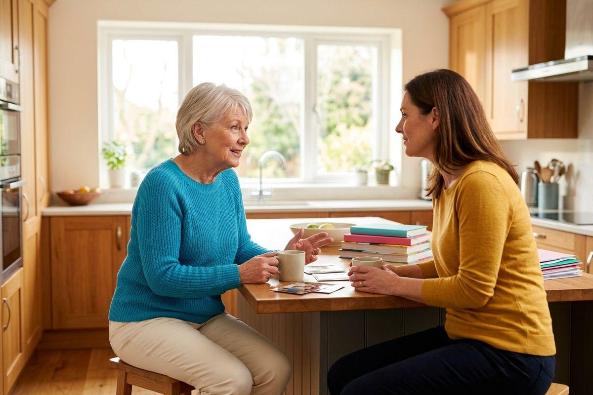 An older adult and a younger adult sit together and talk in a kitchen.