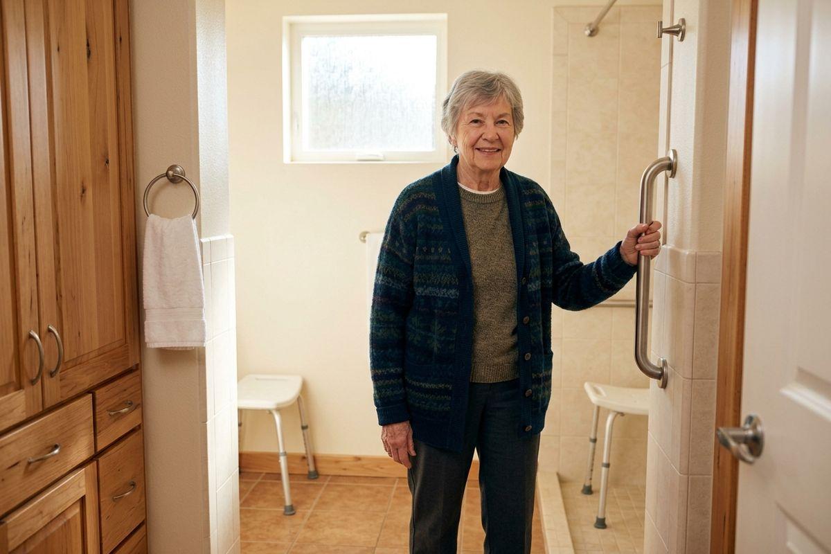 A senior in a patterned cardigan stands smiling in a bathroom, holding a grab bar beside a walk-in shower with a shower chair
