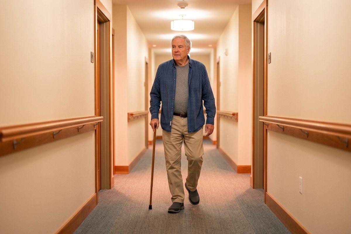 A senior with a wooden cane walks down a carpeted hallway lined with wall handrails and doors.